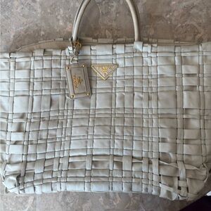 Prada Braided Leather Tote in Light Gray with Gold Hardware